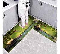 CEDNXOER Alfombra de Cocina Zen Plantas en 2 Piezas, Alfombrillas con Rocas Bambú Lavables para Suelo, 40×60cm+40×120cm Tapetes Antideslizantes y Suaves para Lavadero, Verde