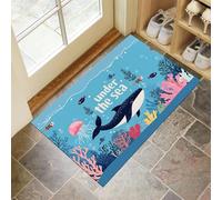 CEDNXOER Alfombra de Pelo Corto Azul, Felpudo de Entrada Absorbente Animales Fondo Marino, Interior Alfombra Antideslizante Ballenas Medusas, Tapete para Puerta Lavable a Máquina, 50 x 70 cm