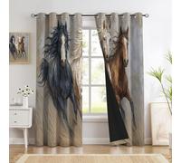 CEDNXOER Cortinas Opacas Pradera Animales, Alivio Corriendo Caballo Aislantes Térmicas con Ojales, 95% Opacas Cortinas, Protección contra el Frío Cortina Blackout Juego de 2, 140×245cm, Marrón