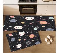 CEDNXOER Juego de 2 Alfombrillas Cocina Antideslizantes Antifatiga, Gato Espacial Planeta Lavables Resistentes a Manchas Dibujos Animados Espacio, Alfombra Pasillo Suave, 43×75cm+43×120cm