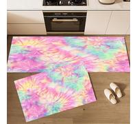 CEDNXOER Juego de Alfombras de Cocina Lindo Garabato Arcoíris, 2 Alfombrillas Antideslizantes Tie-Dye Floral Lavables para Suelo, Rosa, Ideales para Cocina, Lavadero y Pasillo 43×75cm+43×120cm