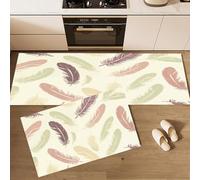 CEDNXOER Juego de Alfombras de Cocina Plumas Dibujadas A Mano, 2 Alfombrillas Antideslizantes Grafiti Plumas Lavables para Suelo, Beige, Ideales para Cocina, Lavadero y Pasillo 45×75cm+45×150cm