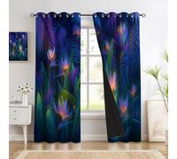 CEDNXOER Luces De Neón Ave del Paraíso Cortinas Opacas,Selva Tropical Floral Cortina Termicas Aislantes,Azul Cortinas Blackout con Ojales 2 Piezas para Dormitorio,Salon y Cocina 140×160cm
