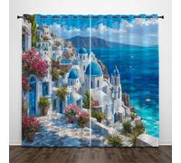 CEDNXOER Mediterráneo Castillo Cortinas Opacas para Dormitorio, Pintura Al Óleo Isla Oscurecimiento Estético para Habitación, Azul Cortinas para Ventana con Ojales, 117×137cm Juego de 2 Paneles