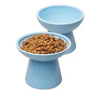 CEEFU 2 cuencos elevados de cerámica para gatos extra anchos para alimentos y agua, plato de comida poco profundo para fatiga, sin plomo ni cadmio, altura elevada para gatos, color azul
