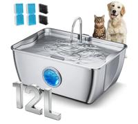 CEESC Fuente de agua para perros de acero inoxidable de 12L/3.2 galones con asas fáciles de transportar, dispensador automático de agua para mascotas con ventana visible y luz LED para perros grandes