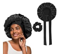 Ceeyoll Gorro de Seda para Dormir,Gorro Saten Pelo Rizado Ajustable,Gorros de Satén para Pelo Rizado, Gorro de Seda para Dormir con Banda Ancha Elástica,1 diadema negra y gorro saten pelo rizado.
