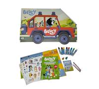 Cefa Toys- Set papelería Activity car la familia Heeler, Bluey, 8 Mini Rotuladores,8 Pinturas de colores, 2 Sellos, Stickers,Poster, 20 páginas para Colorear, Ruedas movibles. Apto a partir 3 años.