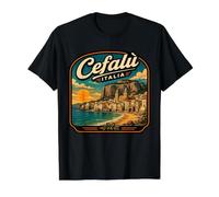 Cefalú Sicilia Cefalú Viajes de Vacaciones Costa Italiana Camiseta gráfica económica, Hombre, Negro, S