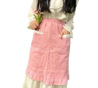 CEHTK Delantal de Lino y algodón con Volantes para Mujer, con Correa Ajustable en la Cintura y Bolsillos de Encaje, Color Rosa