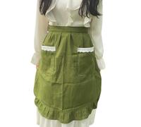 CEHTK Delantal de Lino y algodón con Volantes para Mujer, con Correa Ajustable en la Cintura y Bolsillos de Encaje, Color Verde