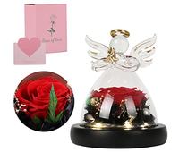CEIEVER Regalos de Navidad para mujeres, figura de ángel rosa para siempre, rosa conservada en cristal, regalo de ángel, flores conservadas, luz LED para el día de San Valentín