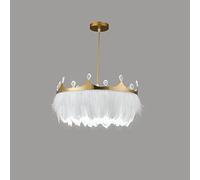 Ceiling 13.8 Inch Round Feather Chandelier, Crown Shape Gold Hanging Ceiling Lights, E27 Base, for Living Room Teenage Girl Bedroom, Height Adjustable