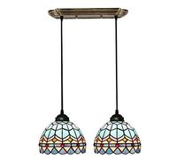Ceiling Blue Stained Glass Style Pendant Hanging Lamp for Dining Room and Kitchen Island Adjustable Height Chandelier with E26 Ceiling Light Fixture Farmhouse Decor Inch 2 Lights