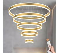 Ceiling Dimmable LED Pendant Light with Remote Control Golden Ring Chandelier for Foyer Living Room Bedroom and Kitchen Adjustable Height Round 6000K Ø20+40+60+80+100cm