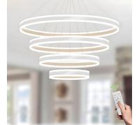 Ceiling Dimmable Round LED Pendant Light with Remote Control Adjustable Height 6000K Ideal for Foyer Living Room Bedroom Kitchen Island 4 White Rings Chandelier (Ø20+40+60+80cm)