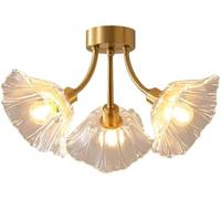 Ceiling Light Fixture - 3-Light Vintage Copper Glass Flower, Mid Century Chandelier for Bedroom and Living Room, Close to Ceiling Lighting