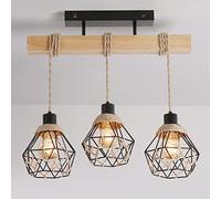 Ceiling Loft Industrial Style Chandelier, 3 Vintage Sisal Pendant Light Fixture with Black Birdcage Shade American Hanging Ceiling Lights, for Dining Room Bar Kitchen Island