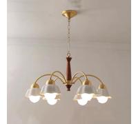 Ceiling Mid Century White Glass Wood Pendant Light with Gold Floral Accents for Girls Bedroom Living Dining Room Kitchen Foyer Farmhouse Entryway 3 Lights