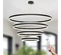 Ceiling Round LED Chandelier 4 Black Rings Dimmable Pendant with Remote Control Adjustable Height 6000K Ceiling Light for Foyer Living Room Bedroom Kitchen Island Ø40+60+80+1