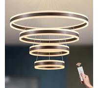 Ceiling Round LED Pendant 4 Brown Rings Dimmable Chandelier with Remote Control Adjustable Height 6000K Ceiling Light for Foyer Living Room Bedroom Kitchen Island Ø20+40+60+8