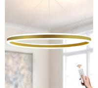 Ceiling Round LED Pendant Light with Golden Ring Chandelier Dimmable and Remote Control Adjustable Height Ideal for Foyer Living Bedroom Dining Room Kitchen Island 6000K Warm White