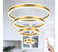 Ceiling Round LED Pendant with 4 Golden Rings Dimmable Chandelier Remote Control Adjustable Height Ceiling Light for Foyer Living Room Bedroom Kitchen Island 6000K (Ø20+40+60+80cm