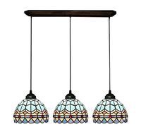 Ceiling Style Blue Stained Glass Pendant Hanging Lamp Dining Room Inch Height Adjustable Chandelier with E26 Ceiling for Farmhouse Kitchen Island Decor 3 Light Rectangle