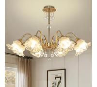 Ceiling Vintage French Crystal Flower Chandelier with Milk Glass Shades 6 Lights Ideal for Dining Table Bedroom Kitchen Farmhouse Living Room Semi Flush Ceiling Light