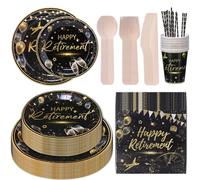 CEILIWEN Juego de 201 Piezas de Suministros para Fiesta de Jubilación - Platos y Servilletas de Papel, Vajilla de Fiesta Negra y Dorada para Hombres