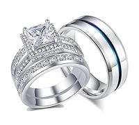 CEJUG - Juego de anillos de boda de princesa para él y ella, para mujeres y hombres, anillos de titanio de acero inoxidable de 3 quilates, circonita cúbica de 18 quilates, anillos de pareja, Oro de 18