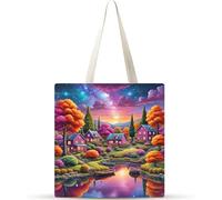 Cekog Escena nocturna campo junto al lago Bolsa de Lona 38x34cm Tote Bag sin Cremallera,juego de 10 Canvas Tote Bags para Mujer,Plegable Bolso de Mano Lavable para Compras,Vida Cotidiana,Viajes