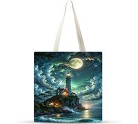 Cekog Luna del faro junto al mar Bolsa de Lona con Estampado,juego de 1 Bolsos de lona para Mujer, Bolsa de Tela Reutilizable para Compras de Comestibles para Trabajo Compras Escuela y Vida Cotidiana