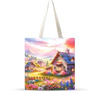 Cekog Paisaje rural Bolsa de Lona con Estampado,juego de 10 Bolsos de lona para Mujer, Bolsa de Tela Reutilizable para Compras de Comestibles para Trabajo Compras Escuela y Vida Cotidiana