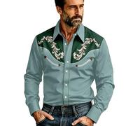 Celanisai Camisa vaquera para hombre, ropa medieval, fiesta, camisa occidental, hippie, bordado, camisa de ocio, carnaval, disfraz, botones, vintage, camisas de cuello alto, corte ajustado, camisa