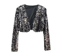 Celanisai Chaqueta para mujer corta brillante, cardigan con lentejuelas, bolero, tops, saco con brillo, dorado, crop top, chaqueta de motociclista de manga larga, slim fit, chaqueta bomber ajustada