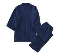 Celanisai Conjunto de kimono japonés para hombre, pijama de algodón y lino, 2 piezas, abrigo de kimono y pantalones de pijama, ropa de descanso holgada de color sólido, ropa de dormir transpirable