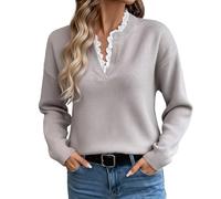 Celanisai Jersey de punto para mujer con encaje, camiseta de manga larga para mujer, plumas, encaje, jersey hueco, informal, cuello de pico, manga larga, jersey suelto, monocolor, sudadera, tops