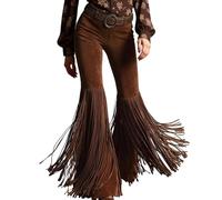 Celanisai Pantalones occidentales para mujer, de ante con flecos, vintage, para el tiempo libre, con borlas, disfraz hippie, elegante, pantalones para exteriores, para mujer, individualidad