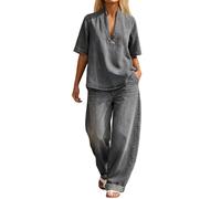 Celanisai Traje de pantalón para mujer, juego de vaqueros de imitación, estilo vintage, clásico, 2 piezas, camisa vaquera y ajuste holgado, pantalones vaqueros, pantalones vaqueros con pernas, traje