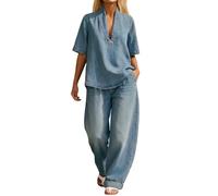 Celanisai Traje de pantalón para mujer, juego de vaqueros de imitación, estilo vintage, clásico, 2 piezas, camisa vaquera y ajuste holgado, pantalones vaqueros, pantalones vaqueros con pernas, traje