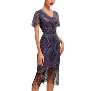 Celanisai - Vestido de mujer estilo años 20 con flecos, vestido de noche con mangas cortas, paillettes, ideal para fiestas temáticas Gatsby, cocktail, flapper, Halloween, carnaval, traje de baile, O