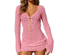 Celanisai Vestido de playa de punto para mujer, bikini, poncho de playa, crochet, mini vestido, pareos, playa, vacaciones, verano, minitúnica de playa, vestido de malla, O rosa., L