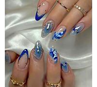 Celblisora Juego de 24 uñas postizas con punta francesa de mármol azul, uñas acrílicas largas en forma de almendra con diseño degradado y cobertura completa reutilizable