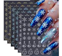 Celblisora Juego de 6 pegatinas de uñas navideñas, 3D copo de nieve autoadhesivas, pegatinas de copos de nieve azules, dorados y blancos, manicura navideña para mujeres