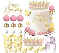 Celblisora Juego de decoración para tartas de corona "Happy Birthday", corona rosa, velas de cumpleaños, mariposas doradas, corona para pastel, decoraciones de pasteles