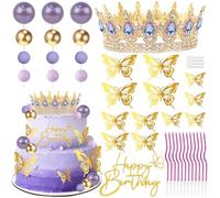 Celblisora Juego de decoración para tartas de cumpleaños de 43 unidades, color morado con decoración de tartas, bolas, mariposas doradas, corona de pastel para princesas, decoración de bodas