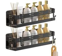 Celbon 2 estantes de ducha de 40 cm, color negro, adhesivo sin perforación, estante de baño de acero inoxidable montado en la pared con 2 ganchos para colgar maquinilla de afeitar y toallas,