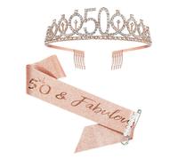 Celebra con estilo, decoraciones de cumpleaños número 50 para mujer, banda de purpurina color oro rosa, tiara ajustable, corona de tela con