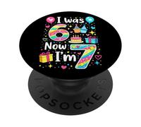 Celebración Colorida de Fiesta de cumpleaños con Texto en inglés I Was 6 Now I'm 7 Kids PopSockets PopGrip Adhesivo